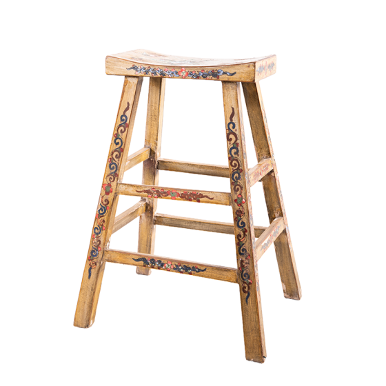 彩绘侘寂风凳木凳原木高凳实木凳咖啡凳吧台凳唐人居晋作仿古家具艺术家具创意家具民宿家具收藏品